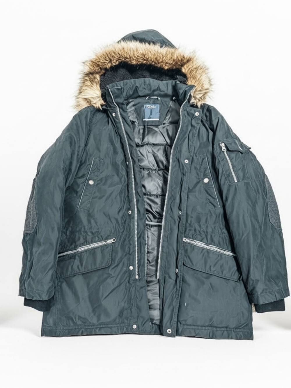 Nautica Men's Winter Large Black Hooded Jacket Puffer Parka with Faux Fur Trim - Picture 2 of 10